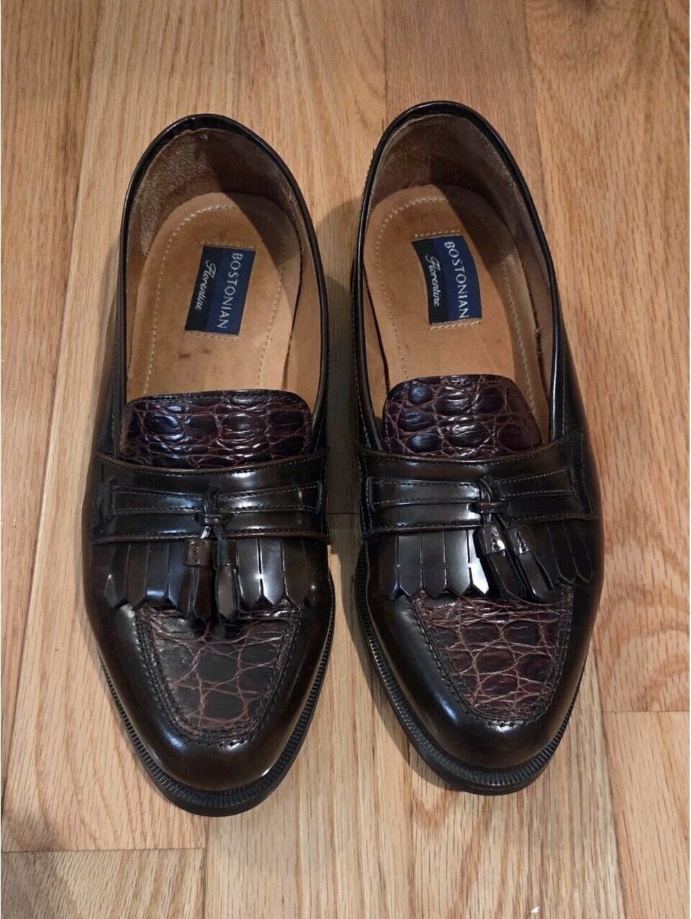 Bostonian Sz 10 W Florentine Brown Croc Embossed Leather Tassel Loafers Italy